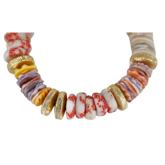 Akola Elora Multicolor Glass Shell Beaded Gold Coin Stretch Bracelet - Picture 6 of 8